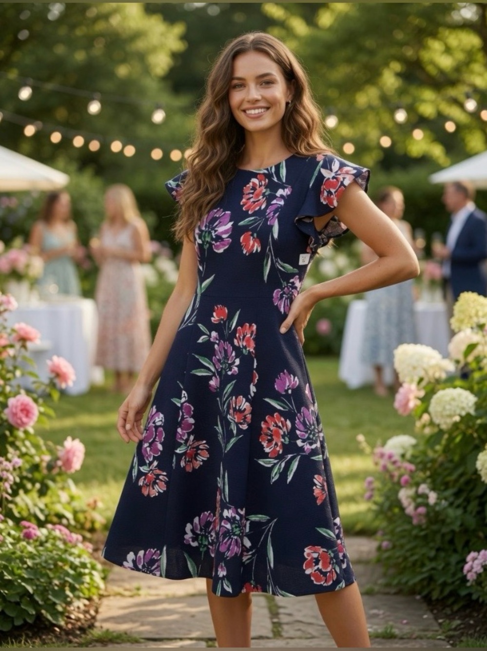 Jessica Howard Navy & Floral Ruffle Sleeve Garden Party Dress Size 6 EUC